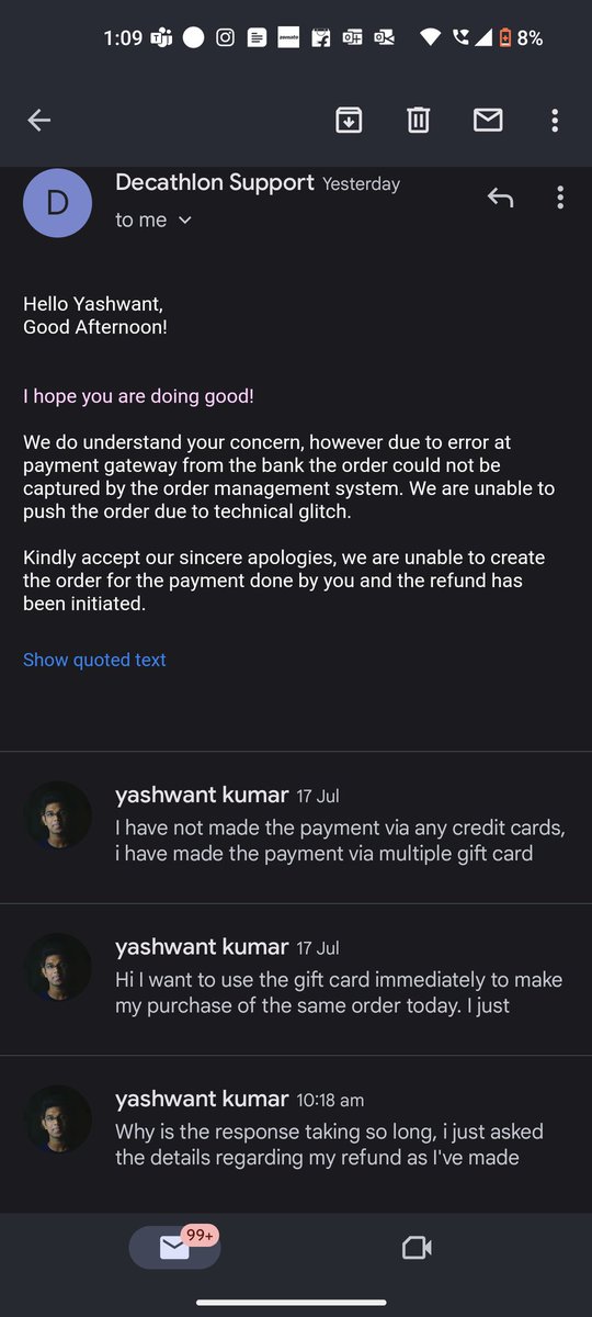 iyashwantkumar's tweet photo. @Decathlon_India Never expected such poor customer service from decathlon. My order was placed in the app and I paid using gift cards and I got an order confirmation email also but then the order does not show up in app. When I mailed customer support about it they cancelled it. https://t.co/Mmu5PwCWcU