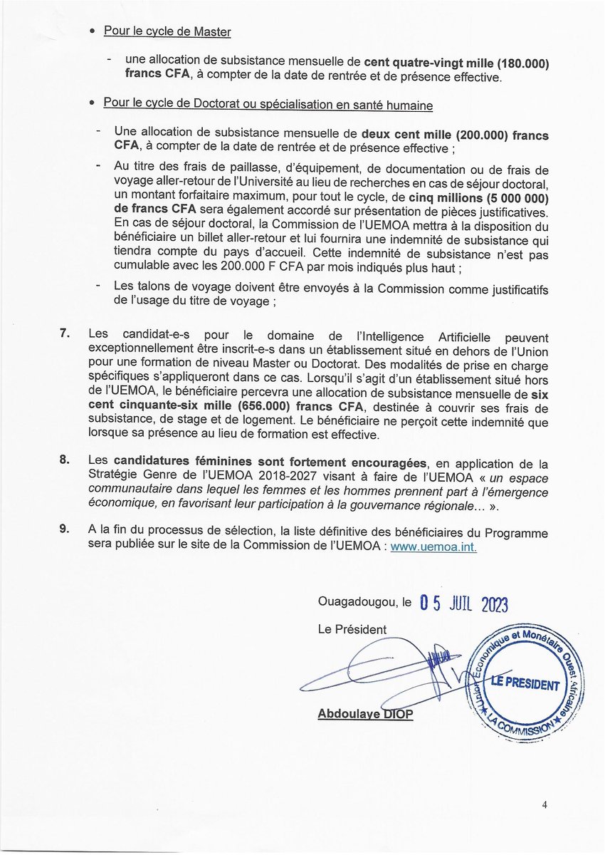 Avis d’Appel à candidatures pour le financement de bourses d’excellence #UEMOA pour la formation et la recherche (2023-2024)