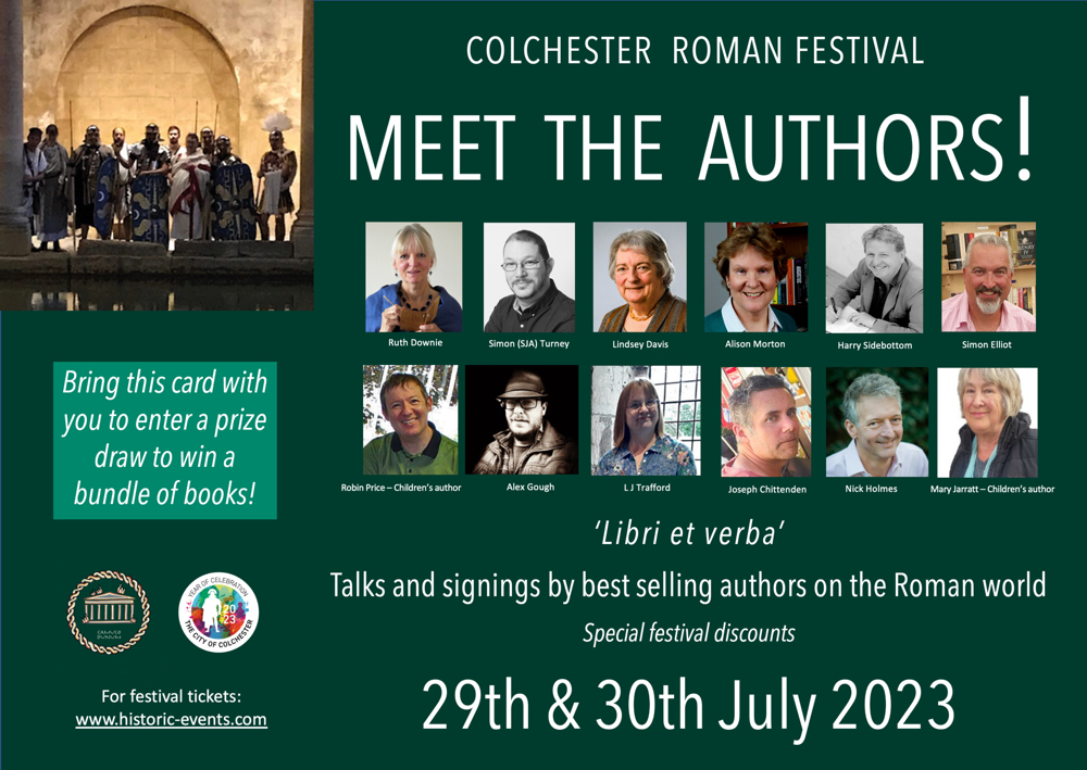alison_morton's tweet photo. No sooner is #Eboracum #RomanFestival over than it's time to pack for the #Colchester one.
Meeting up with fellow Roman writers 29/ 30 July.
Come and say hello!
@SJATurney @TraffordLj @ruthsdownie #LindseyDavis @Romanfiction #HarrySidebottom @NickHolmes_1 @VisitColchester https://t.co/vYy5yN5Kw9