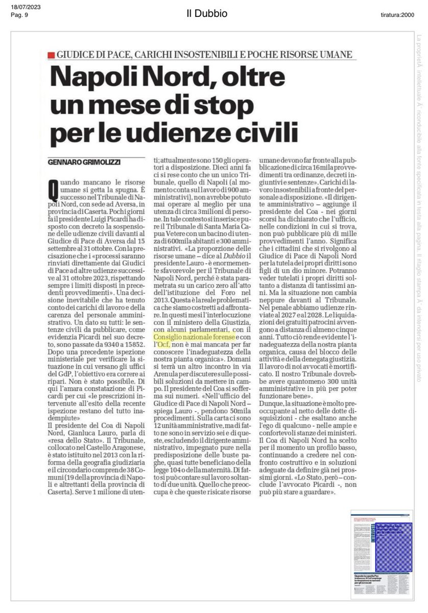 ocforganismo's tweet photo. 🔵Napoli Nord, oltre un mese di stop per le udienze civili.
📌Questo il titolo dell’articolo pubblicato da “Il Dubbio”, oggi 18/07/2023.
@ildubbionews
#ocf #ocforganismo #nordio #giustizia #avvocatura #udienze #sospese #napoli #18luglio https://t.co/LTBW6MYhN7