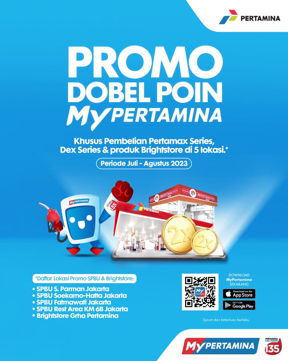DOBEL SERUNYA, DOBEL POINNYA!🤩

Selama bulan Juli - Agustus 2023, setiap melakukan transaksi Pertamax Series, Dex Series, dan produk Bright Store di 5 lokasi terpilih melalui aplikasi MyPertamina, poin yang kamu dapat akan otomatis langsung DOBEL😎

Seru banget kan?! Apalagi