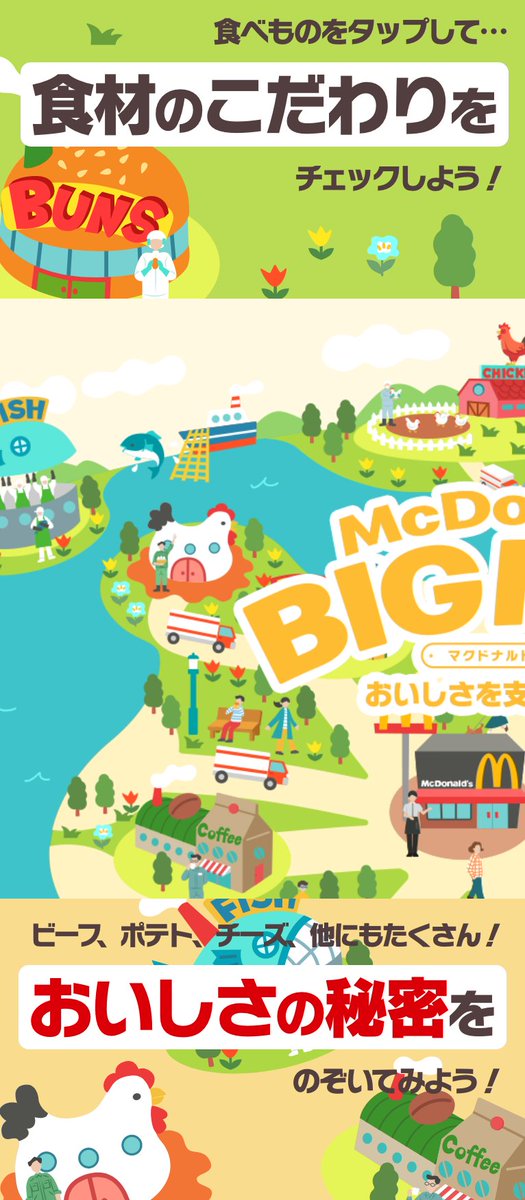 McDonaldsJapan's tweet image. ビッグマッ………クではなくて
ビッグマップ、作っちゃいました。

マクドナルドのおいしさの秘密を
ギュウギュウに詰め込みました。
BIGなMAPをLET’S TAP！

詳細はこちら→ w.mdj.jp/1a19nv/

#BIGMAP 
#おいしさを支える世界地図 
#ビッグマップ
