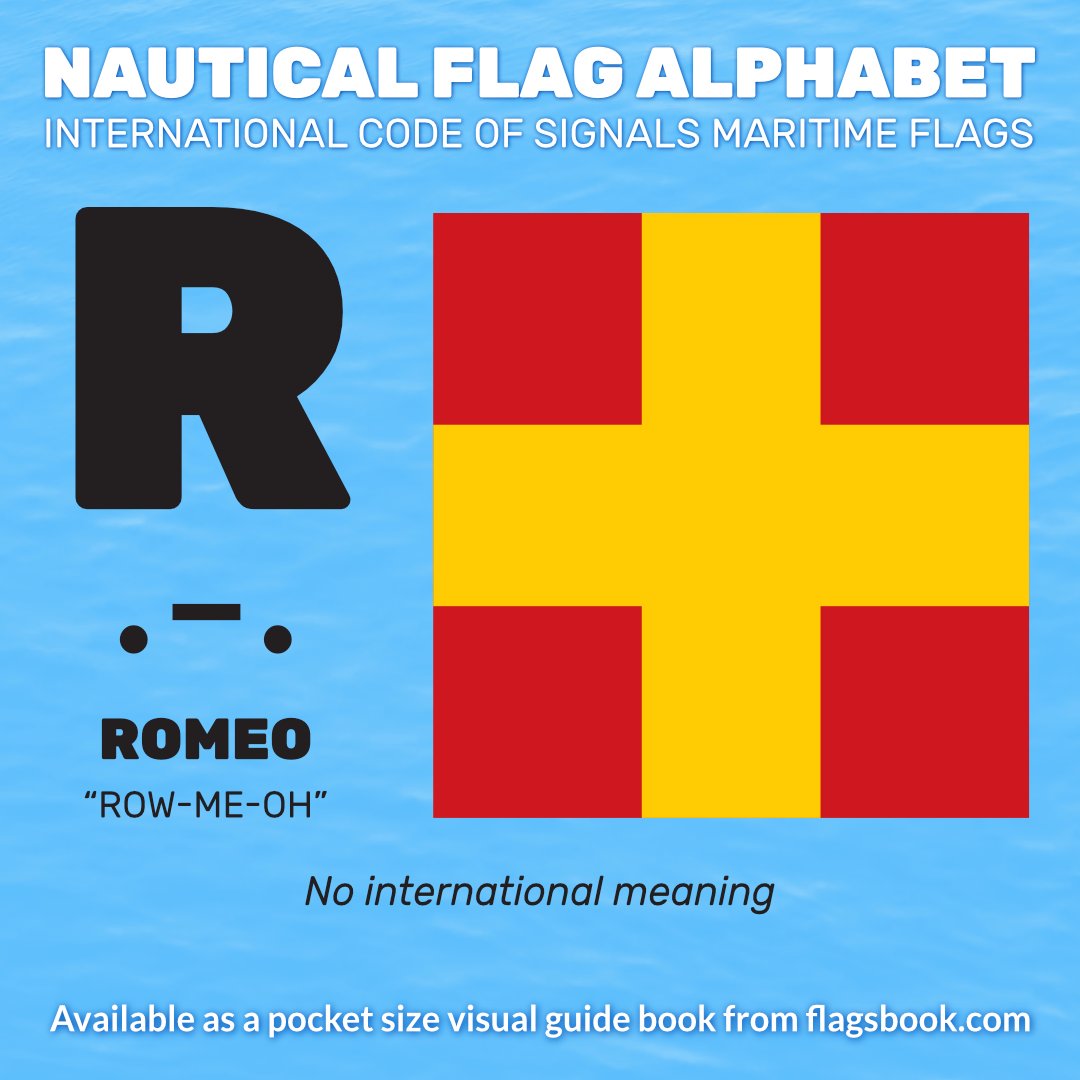 flags_book's tweet photo. A-Z of International Code of Signals Flags
R
. - .
ROMEO
“ROW-ME-OH”
No international meaning
#Signalflags #nauticalflagalphabet #Nauticalflags #shipflags #marineflags #flags #Morsecode #flagsbook #Nauticas #Sailboat #Yacht #Yachting #Navigation #motorboat #shipspotter #Mariner https://t.co/Klu3KE6Guh
