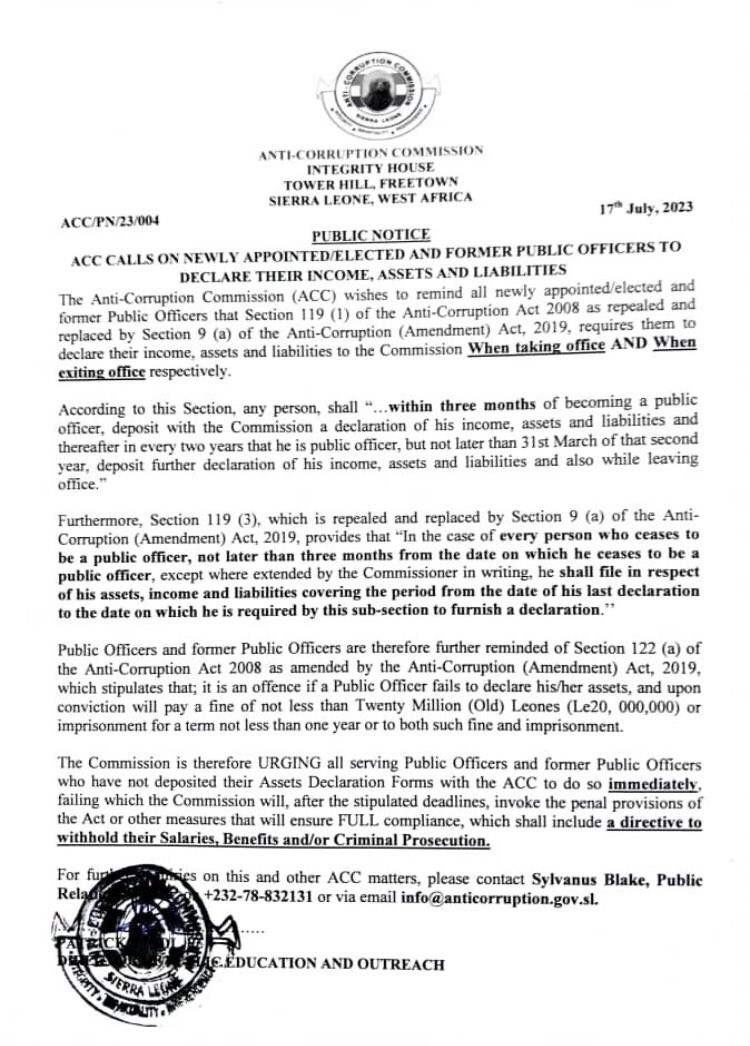 TambaMatturi11's tweet photo. Following its mandate as per law specifically sections 7(2) paragraph (e) of the Anti-Corruption Commission Act of 2008, the commission requires all appointed/elected persons, those leaving offices and continuing staffs to make a declaration of their assets. https://t.co/Wr9vD73WcH