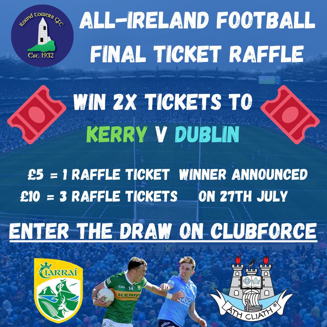 TowersLondon's tweet photo. 🎟 ALL-IRELAND FINAL TICKET RAFFLE 🎟

Want to go to Kerry v Dublin in the All-Ireland final? Enter our ticket raffle to be in with a chance of winning 2 tickets.

Details below and click this link to enter: https://t.co/QmJ3rcGJTw

#kerrygaa #dublingaa #allirelandfinal #gaa https://t.co/3HAFtUh790
