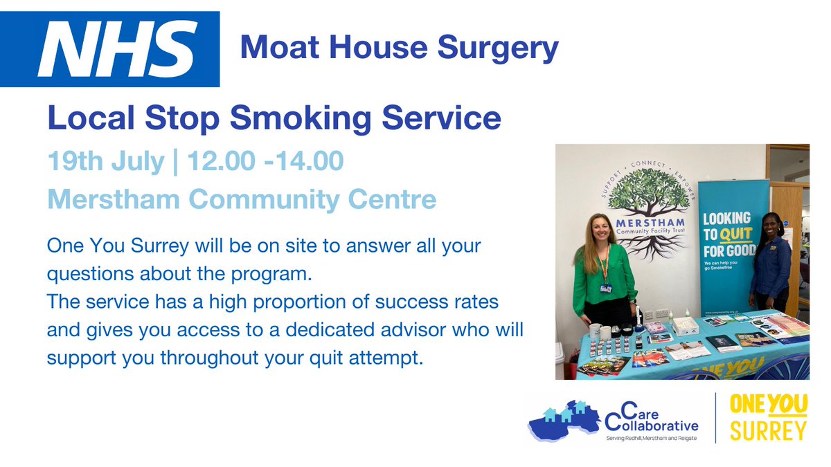 We'll be back at the <a href="/MersthamHub/">Merstham Hub-MCFT</a> on July 19th from 12:00-14:00. Come along for free advice and support to quit smoking 🚭

oneyousurrey.org.uk