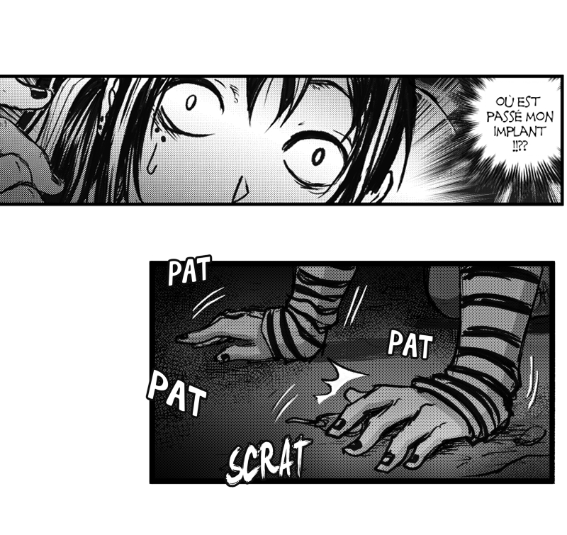 EskharHygan's tweet photo. La suiiiite /o/ 
Page 5/20. Et dire qu'elle se moquait de son petit morveux de neveu Marty qui risquait de fiche en l'air son implant cochléaire... Le karma est impitoyable ! 

#darkness #PitchBlack #frenchcomic #mangafr #mangakachallenge https://t.co/48zrgJd2IK