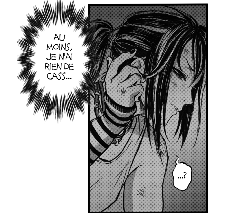 EskharHygan's tweet photo. La suiiiite /o/ 
Page 5/20. Et dire qu'elle se moquait de son petit morveux de neveu Marty qui risquait de fiche en l'air son implant cochléaire... Le karma est impitoyable ! 

#darkness #PitchBlack #frenchcomic #mangafr #mangakachallenge https://t.co/48zrgJd2IK