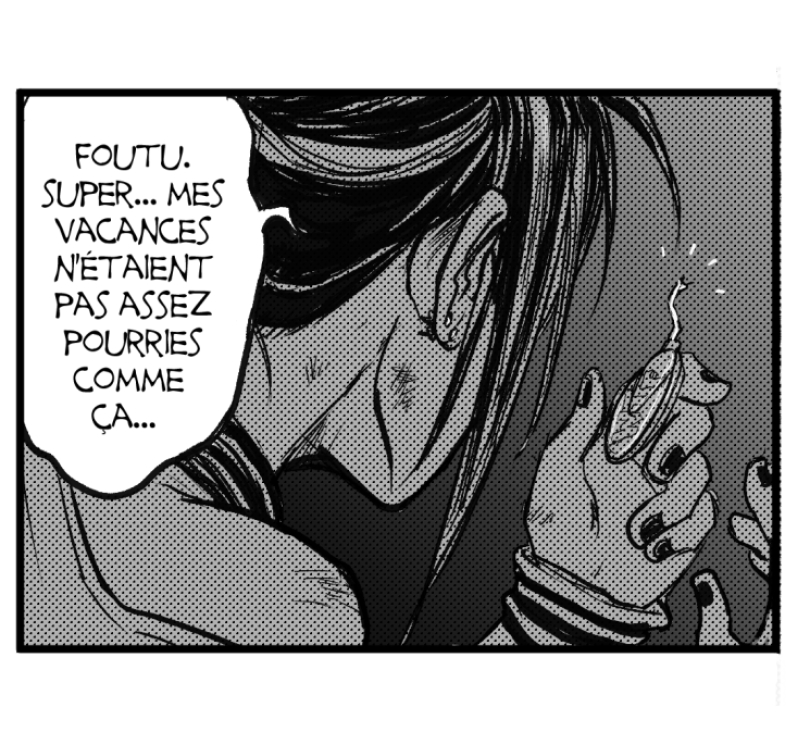 EskharHygan's tweet photo. La suiiiite /o/ 
Page 5/20. Et dire qu'elle se moquait de son petit morveux de neveu Marty qui risquait de fiche en l'air son implant cochléaire... Le karma est impitoyable ! 

#darkness #PitchBlack #frenchcomic #mangafr #mangakachallenge https://t.co/48zrgJd2IK