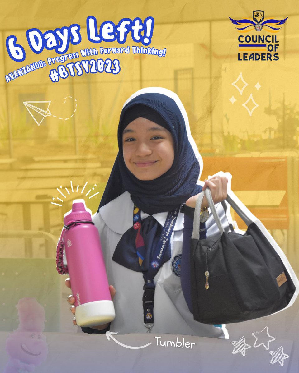 JHScol's tweet photo. There are only 𝘀𝗶𝘅 𝗱𝗮𝘆𝘀 𝗹𝗲𝗳𝘁! Always be prepared and carry your tumbler with you to always 𝘀𝘁𝗮𝘆 𝗵𝘆𝗱𝗿𝗮𝘁𝗲𝗱! Just take note to NOT bring 𝗣𝗘𝗧 bottles inside our campus.

𝗔𝗩𝗔𝗡𝗭𝗔𝗡𝗗𝗢 𝗲𝘁 𝗔𝗠𝗗𝗚

#AdZUJHSBTSY023 
#AVANZANDO2023 https://t.co/jdKEaivC86