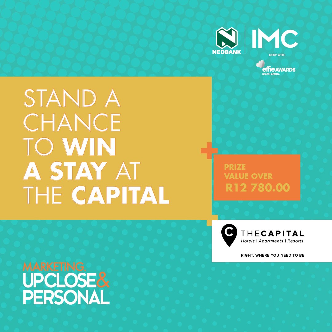 IMCConf's tweet image. Stand a chance to win a two-night stay for 2 people at The Capital in Sandton, Rosebank, Melrose or Pretoria.
To enter, tag someone you’d like to go to the #NedbankIMC2023 with, in the comments below.
Winner will be announced Friday 28 July.
#MarketingUpClose #EffieAwardsSA