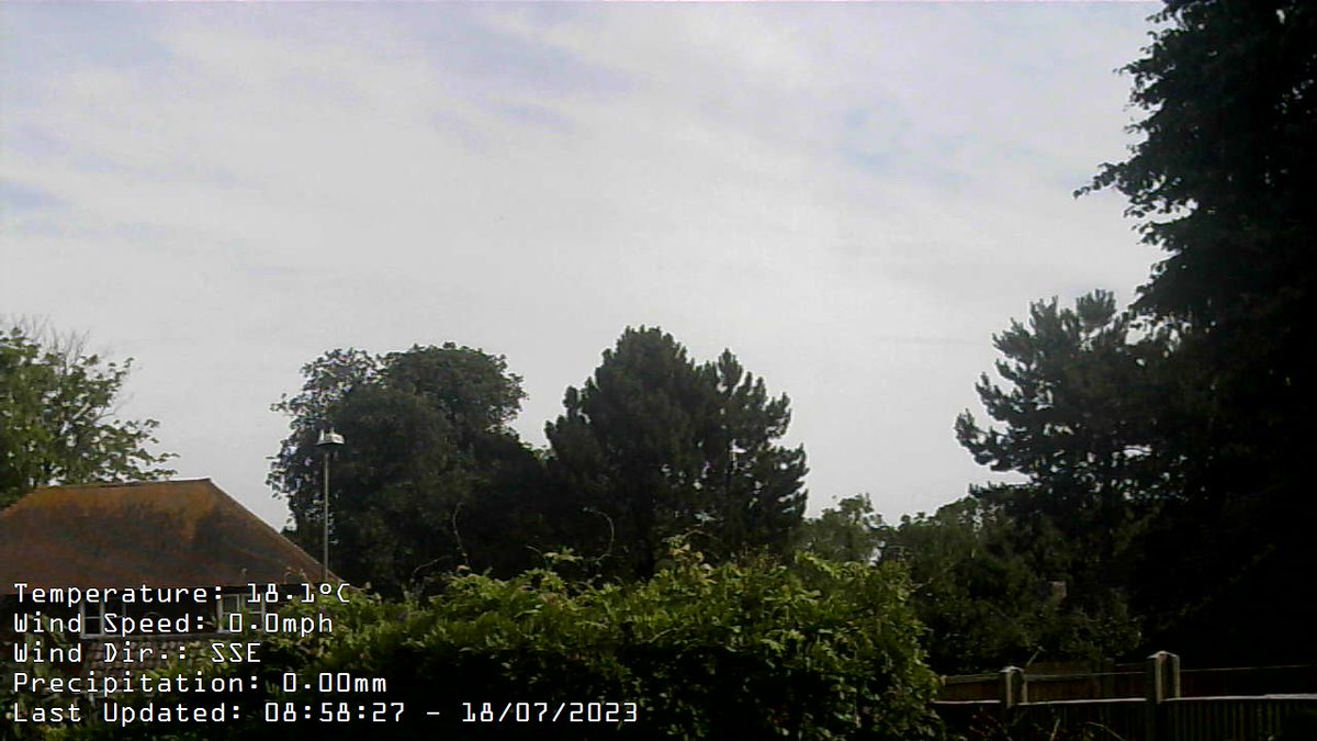 Report at 09:00 Wind:SW at av. 0mph, max gust today 0.0mph at 15:34Temp:18.2CMax today:18.2C at 08:59 Min today: 11.2C at 05:16 Baro:1020.1mb SteadyRain Today:  0.0mm Fcst: increasing clouds with little temp change, precipitation possible within 24 to 48 hrs.