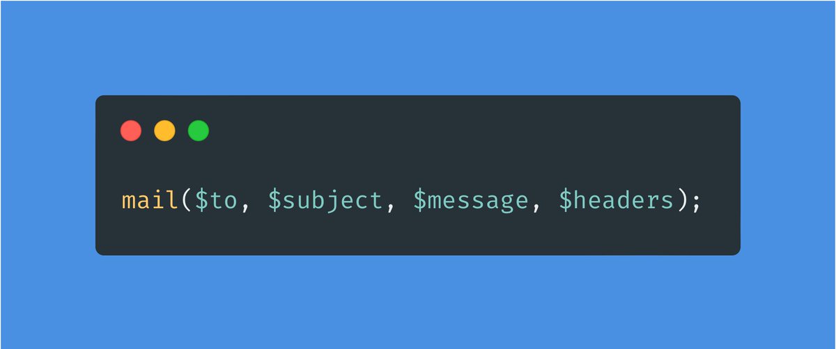 netiserver's tweet photo. 86/100: 📧 Study the syntax for the mail() function:
mail($to, $subject, $message, $headers);
$to is the recipient's email address, $subject is the email subject, $message is the email body, and $headers are optional email headers
#MailFunctionSyntax #MicroLearningPHP #NetiServer https://t.co/q2pTr1PCcj