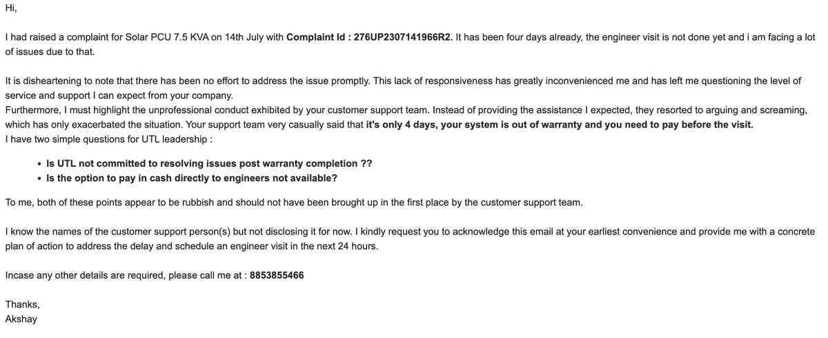 AkshayGupta1106's tweet photo. #utlsolar @jagograhakjago  PATHETIC AFTER SALES SUPPORT !!
Please work on it else your company will hit rock bottom in no time. https://t.co/OXHKasOfmP