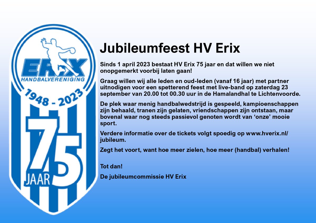 ErixHandbal's tweet photo. Niet vergeten, 23 september 2023 Jubileumfeest voor leden en oud-leden in de Hamalandhal. HV ERIX 75 JAAR https://t.co/Mmpl9bR2iP