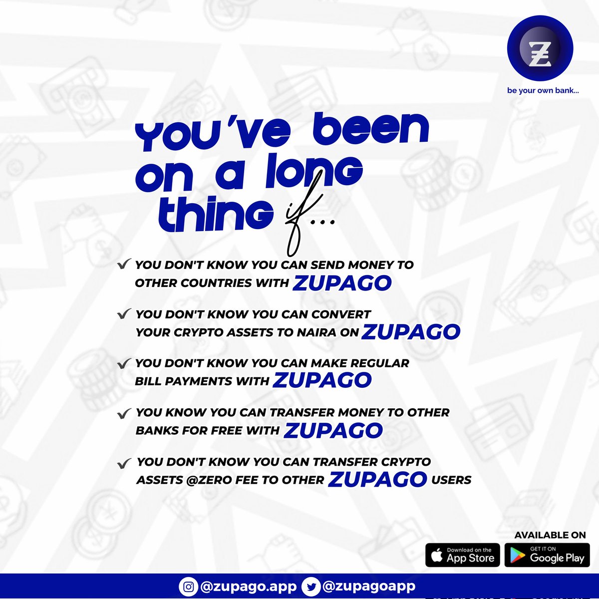 What are you waiting for?
Make that switch!
Join the ZuPago family today!
Be your own bank!

#Zupagoapp #fintech #Internetbanking #cryptocurrency #Bitcoin    #tuesdayvibe #Banking #Transfers
 @Ekitipikin @zupagoapp