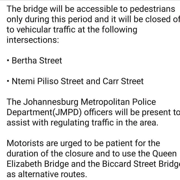 The Nelson Mandela Bridge in Braamfontein will be undergoing maintenance & will be closed for 3 days while repair work takes place.

The maintenance and cleaning of the bridge will take place between Tuesday the 18th and Thursday the

#MandelaDay #67minutes