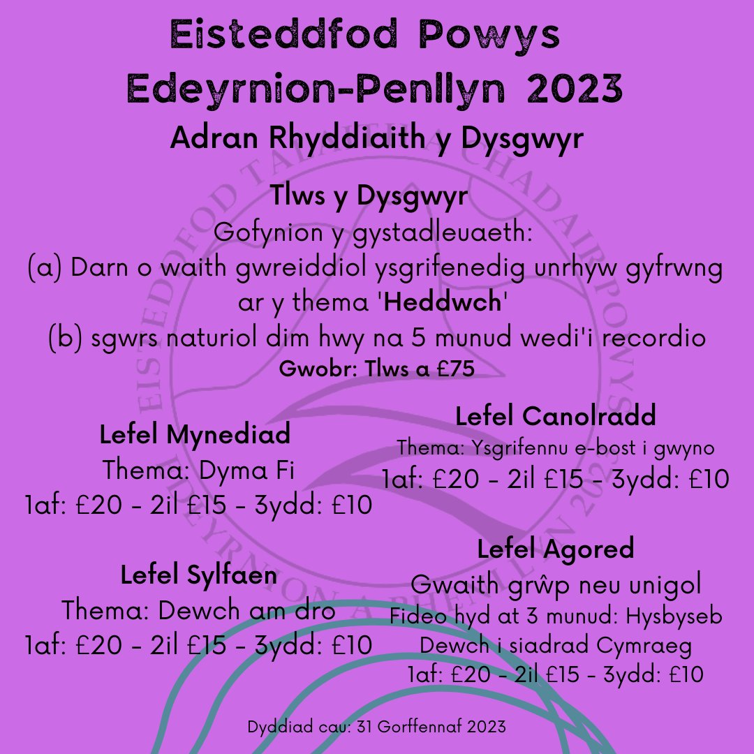 Cofiwch gofrestru i gystadlu yn y cystadlaethau Gwaith Cartref cyn 31 Gorffennaf 

form.jotform.com/230803748555057

<a href="/steddfota16/">CymdeithasSteddfodau</a> <a href="/trydarbarddas/">Barddas</a> @llenyddiaeth <a href="/MenterMaldwyn/">MenterMaldwyn</a> <a href="/MIDinbych/">Menter Iaith Sir Ddinbych 🏴󠁧󠁢󠁷󠁬󠁳󠁿</a> <a href="/powyseducation/">Addysg CS Powys / Powys CC Education</a> <a href="/HwbAddysg_Cymru/">Hwb Addysg Cymru</a> <a href="/LlyfrGwyneddLib/">Llyfrgelloedd Gwynedd Libraries</a> @LearnCymraegGDd <a href="/learnwelshCP/">Dysgu Cymraeg Ceredigion Powys</a>