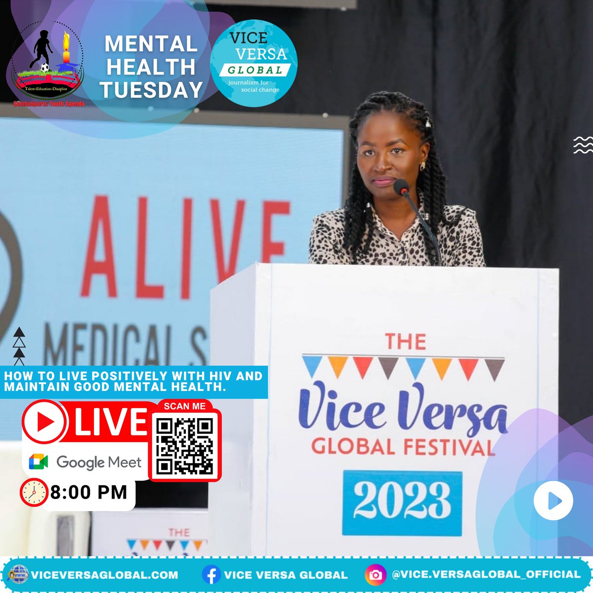 Globalviceversa's tweet photo. Join us at the @Samba4Youth's Mental Health Tuesday. Tonight at 8:00 PM, @NakatoEva will be sharing how to live positively with HIV and maintain good mental health.

Join in and get motivated.

Use the link below to log in, or scan the bar code on the poster. https://t.co/6vqH18p3yB