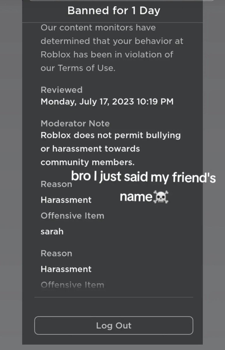 Tehhankie's tweet image. Someone got banned yesterday for saying their friend&apos;s name @Roblox are you and the moderation team okay?? 💀
#Roblox #RobloxModeration #RTC #FalseBans #FalseBan