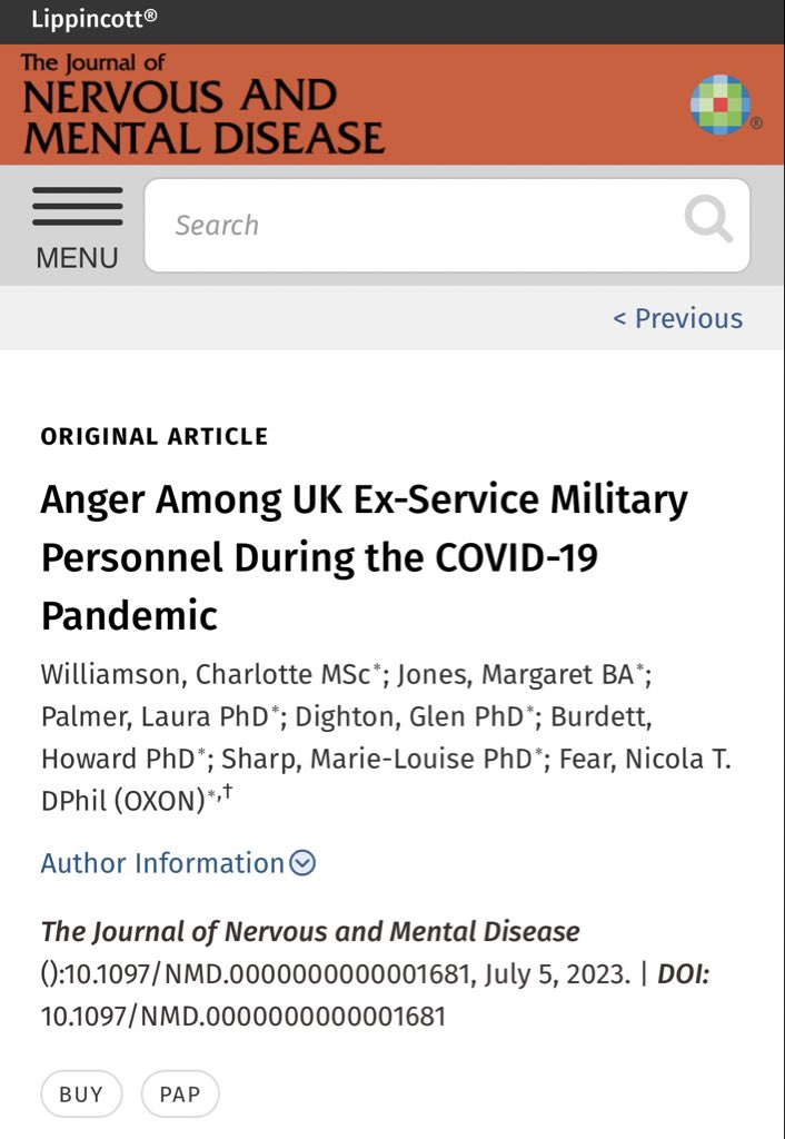 Latest paper has just been published in @NMD_online 🚨 Anger among UK ex-service military personnel during the COVID-19 pandemic 👉 journals.lww.com/jonmd/Abstract… @kcmhr
