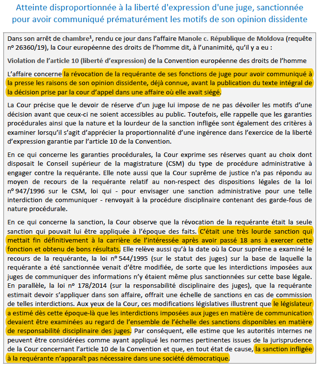 N_Hervieu's tweet photo. Liberté d'expression des juges : Révoquer une juge de ses fonctions pour avoir communiqué à la presse les motifs de son opinion dissidente (avant publication de la décision) viole la #CEDH.

Car malgré la faute, la lourde sanction est disproportionnée.

=> https://t.co/RmYSDnuPat https://t.co/G3tyKh08LI