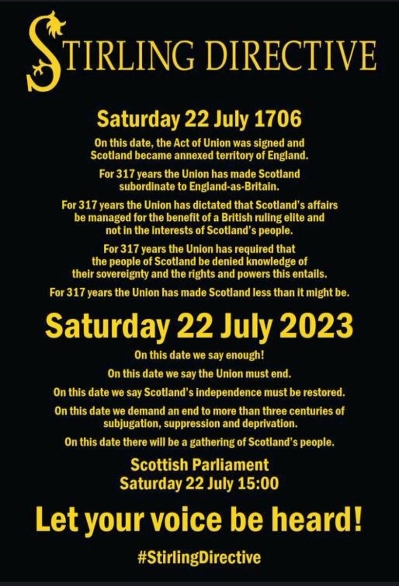 #StirlingDirective 
22 July 1706
22 July 2023
#LetYourVoiceBeHeard
Scottish Parliament
15:00 
Edinburgh 
Where will you be?
