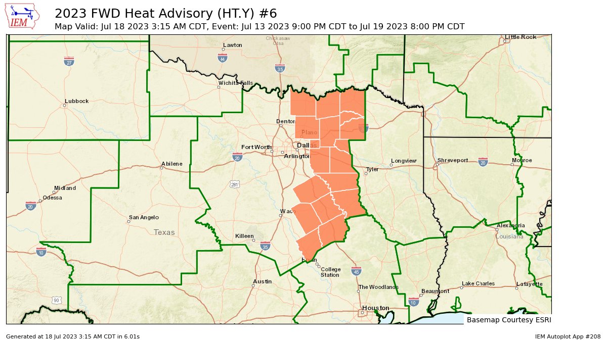 FWD extends time of Heat Advisory for Anderson, Collin, Delta, Fannin, Freestone, Grayson, Henderson, Hopkins, Hunt, Kaufman, Lamar, Leon, Limestone, Navarro, Rains, Robertson, Rockwall, Van Zandt [TX] till Jul 19, 8:00 PM CDT https://t.co/QlB0rOdl8r https://t.co/8HVloGD77k