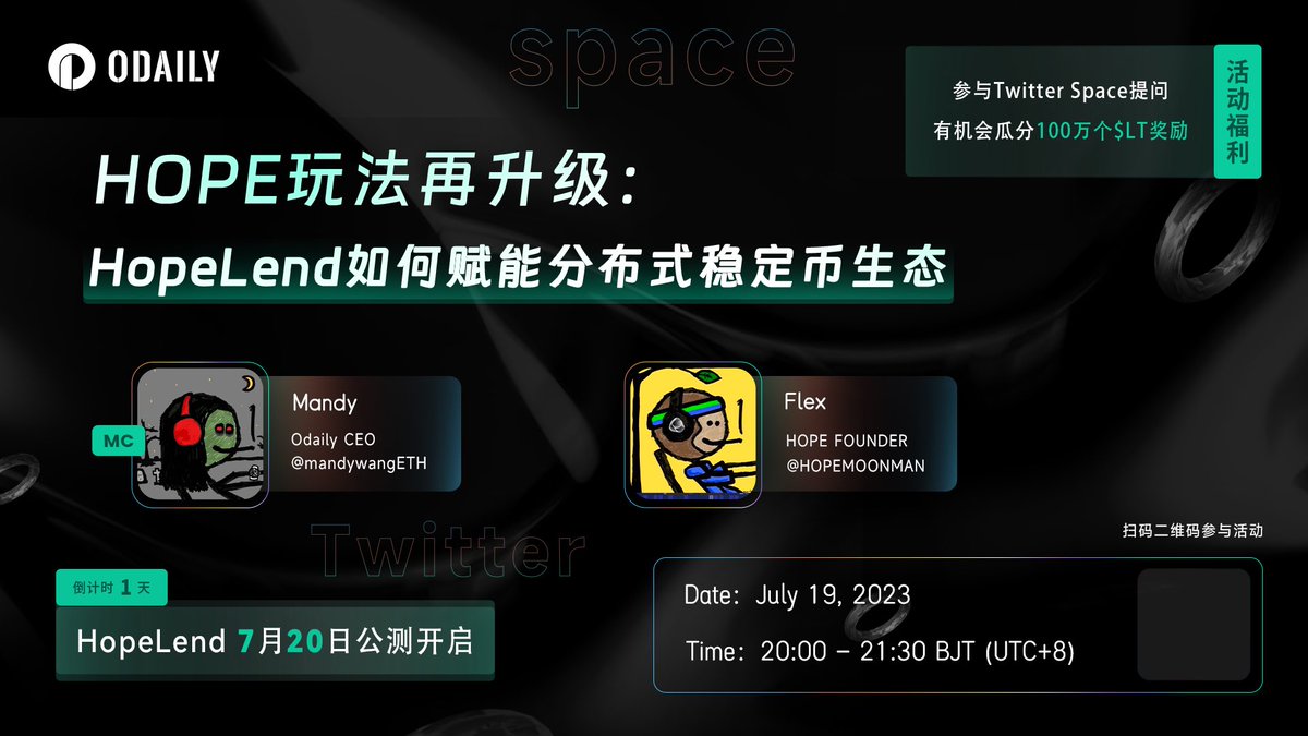 🎙️HOPE <a href="/hope_ecosystem/">Hope.money Reserved</a> 玩法再升级：
HopeLand如何赋能分布式稳定币生态？

Host:<a href="/mandywangETH/">MandyWang</a> 
嘉宾：@HopeMoonman 

⏰：星期三晚上8点（BJT）

✅RT➕LIKE➕评论区留言此次AMA你对Hope生态系统的发展有什么看法

✅关注<a href="/OdailyChina/">Odaily@ChinaCryptoNews</a> ➕<a href="/hope_ecosystem/">Hope.money Reserved</a> 

💰抽取五位朋友瓜分100u的红包奖励呀