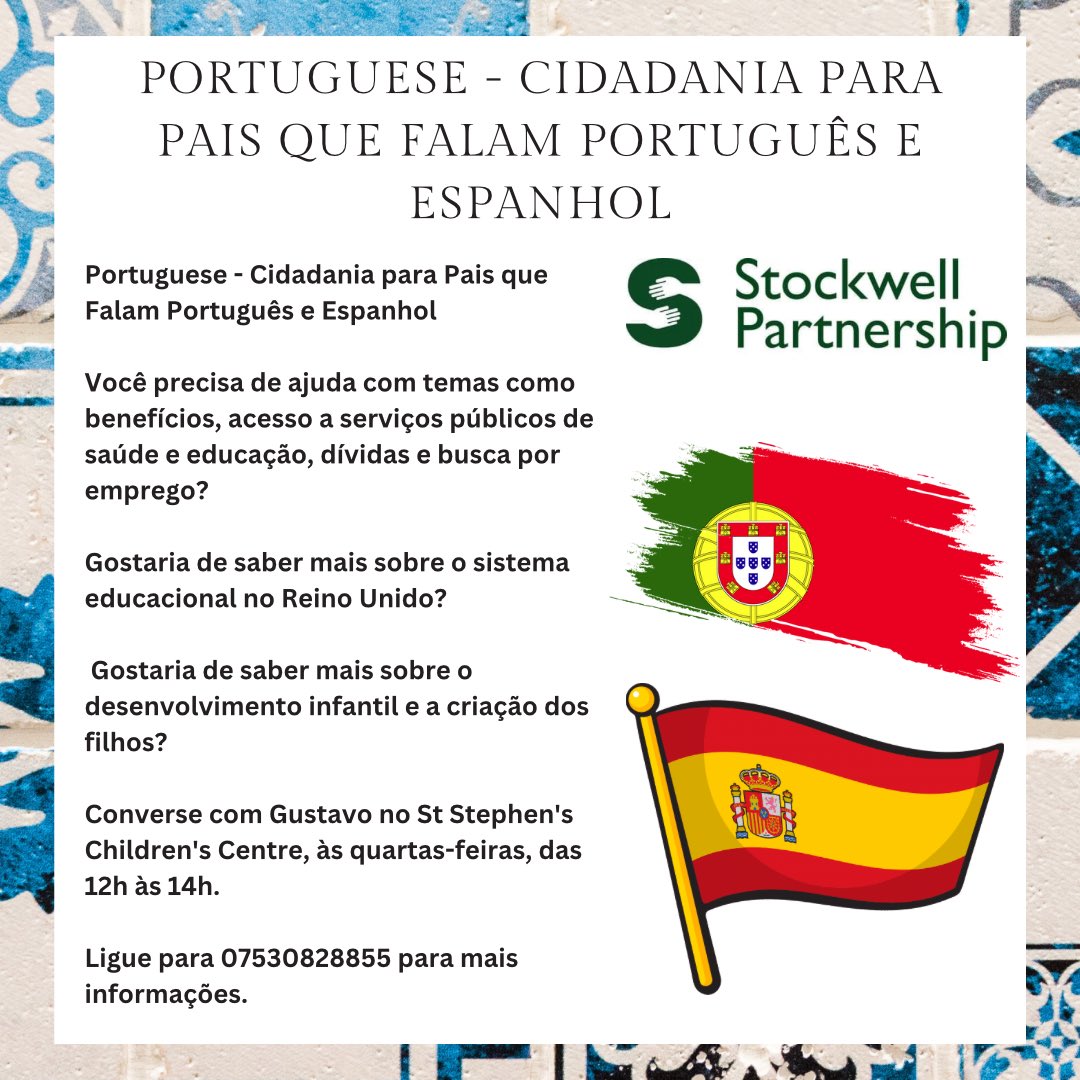 Thriving_Stock's tweet image. 🌍🤝 Portuguese and Spanish help service in Stockwell every Wednesday at St Stephen's Children's Centre with Gustavo. 

Get assistance with benefits, public services, education, and more. We're here to support you! 🗓️📍 

#HelpService #Community #portugese #spanish