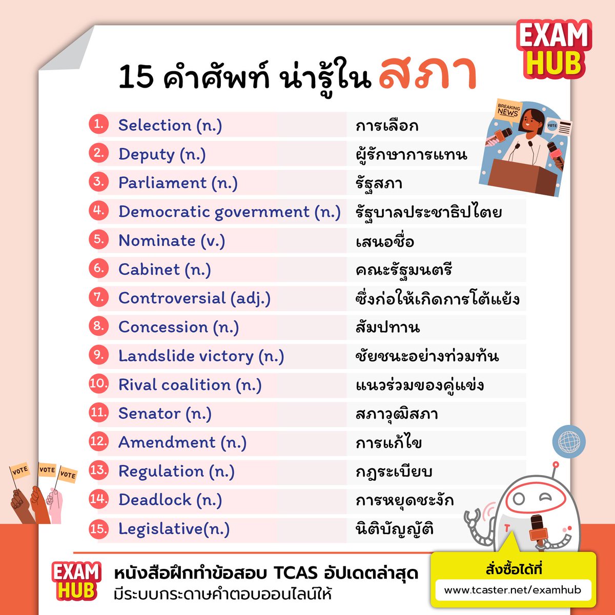 OnDemandKorat's tweet photo. 📷มัดรวมมาเเล้ว! ศัพท์ที่ใช้ในสภา
จะมีคำศัพท์ไหนน่าจำบ้าง มาดูกัน!
#ออนดีมานด์บ้านโคราช #Ondemand #tcaster #examhub #examhub #dek67 #dek68 #dek69 #TCAS67 #หนังสือเตรียมสอบ #TGAT #ข้อสอบ #ข้อสอบTCAS #ปิดสวิตซ์สว https://t.co/cF796higc1