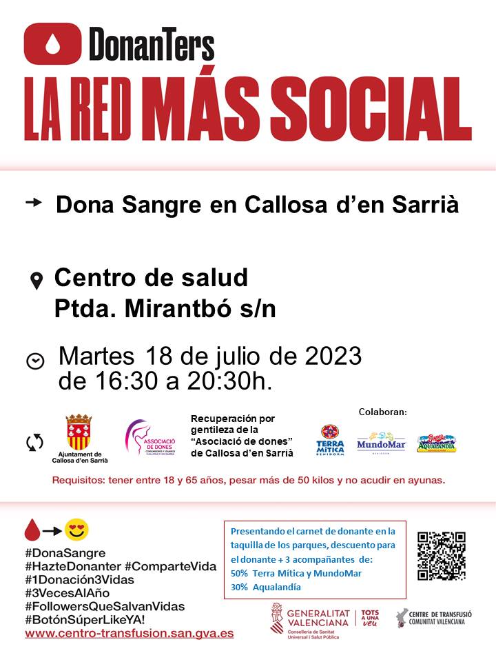 GVAdonasang's tweet photo. Dona sangre en  #CallosaDEnSarrià
📅martes #18Julio
En verano también se necesita sangre, tu colaboración permite que pacientes hospitalizados puedan recibir su tratamiento.
#HazteDonanter, comparte salud! https://t.co/OGBkAjCO4b