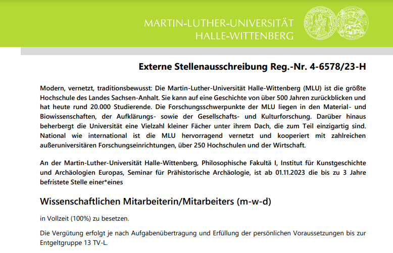 #Stellenausschreibung: Die Martin-Luther-Universität Halle-Wittenberg, Philosophische Fakultä I, Institut für Kunstgeschichte und Archäologien Europas, sucht eine/n wissenschaftliche/n Mitarbeiter/in.
👉 bit.ly/3Q2pMnY

#archäologie #Stellenangebot