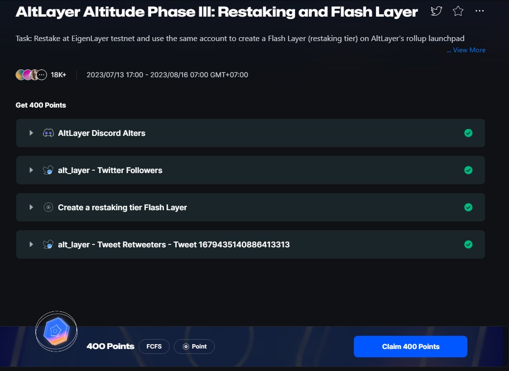 vodkamq's tweet photo. AltLayer Altitude Phase III
Hôm qua mình có share bước làm nhiệm vụ trên #Flashlayer nay đã confirm cho claim point nha. 
Ai tự làm trước mình (mà quên) hoặc làm chung cùng time với mình vô Cliam Point đi nè
Have fun 😍😍😍 https://t.co/Oq2OD8hnKB