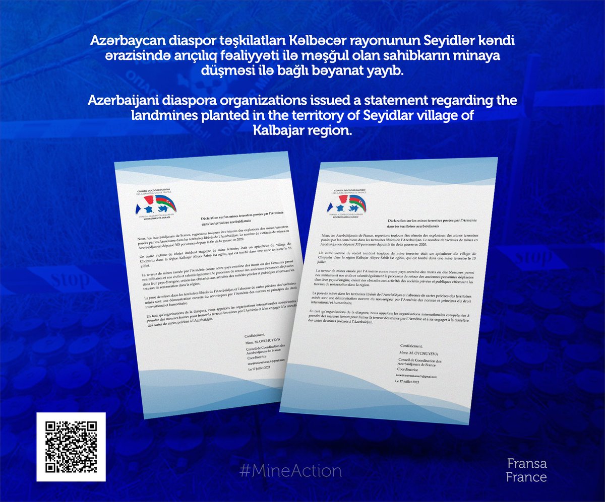 DiasporaAz's tweet photo. Azerbaijani diaspora organizations issued a statement regarding the landmines planted in the territory of Seyidlar village of Kalbajar region.

🇦🇿 https://t.co/5sS5gHxVE0

🇬🇧 https://t.co/cTmKk6RImh

🇷🇺 https://t.co/YZwDQnwc8V

#MineAction https://t.co/ffH9Ez5NTS