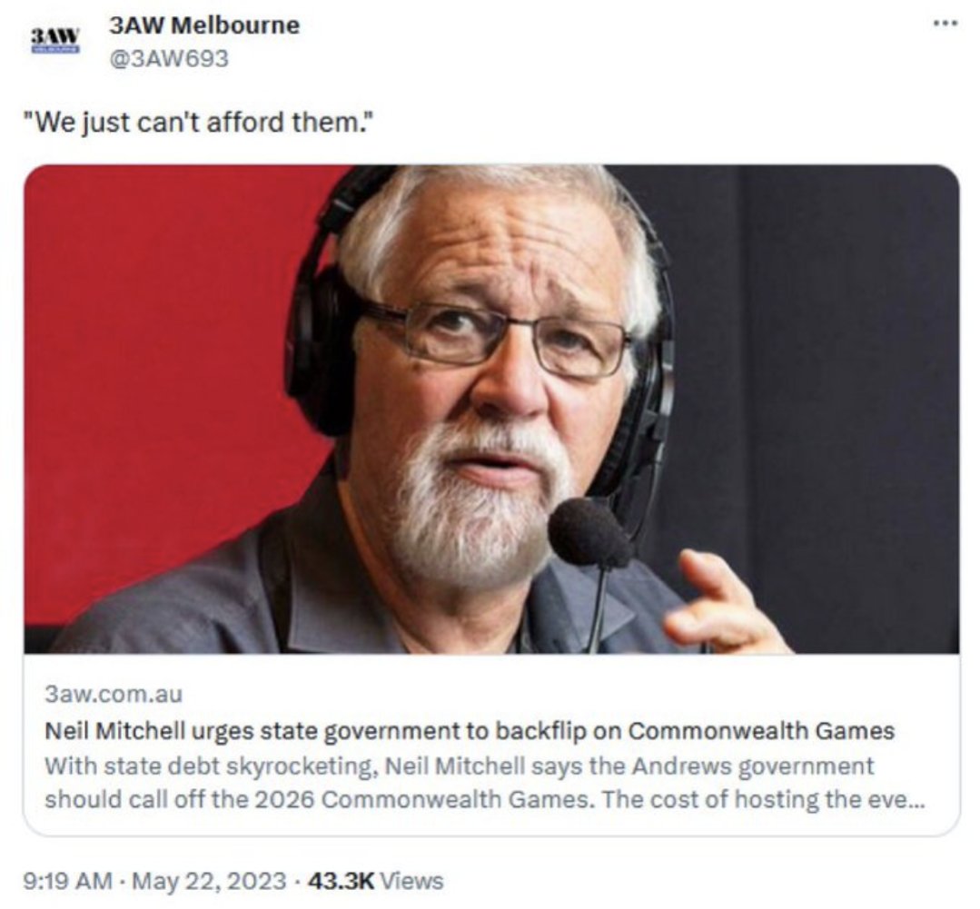 MediaAnalystOz's tweet image. Neil Mitchell calling for the Commonwealth Games to be cancelled

vs

Neil Mitchell attacking the decision to cancel them

😂

Today shows our media is full of gaslighting Libs

The pretend outrage is pathetic.