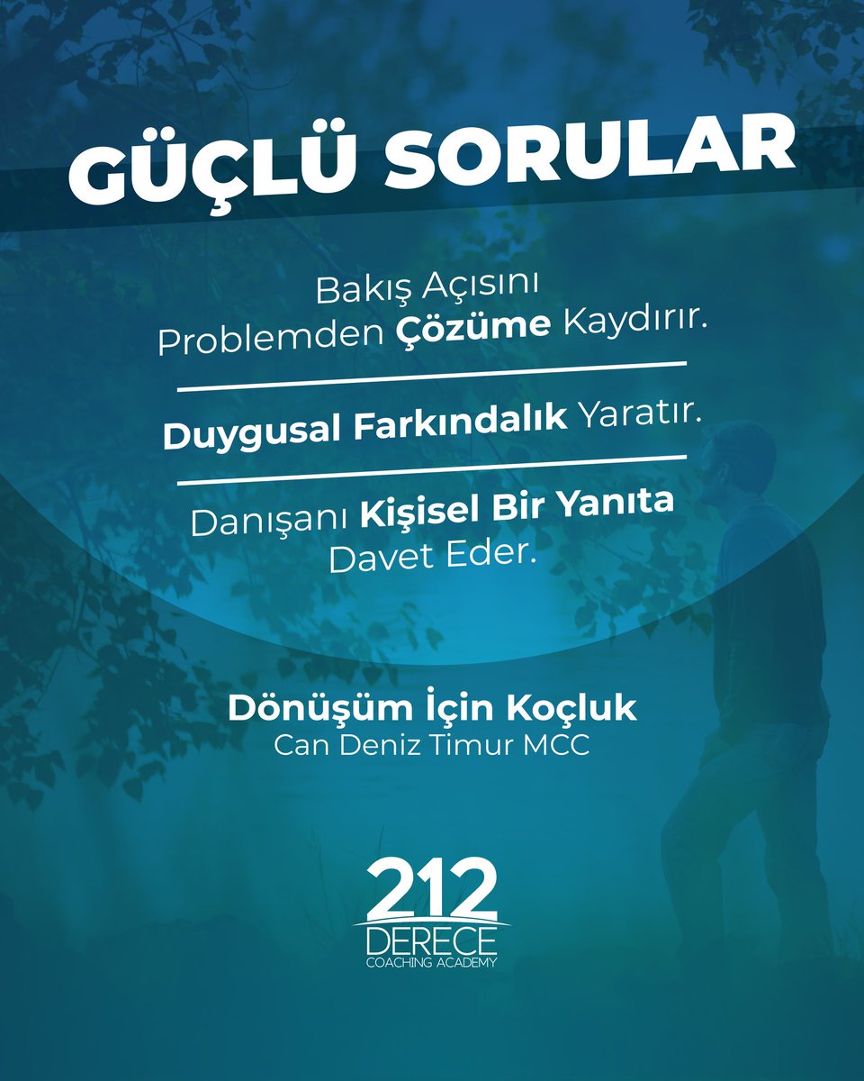 🎯Güçlü sorular, bakış açımızı problemlerden çözümlere kaydırmamızı sağlar.  Güçlü sorular, cevapları zorlar ve yeni bakış açıları sunar. Sorunları farklı bir perspektiften ele almayı ve böylece yeni fırsatlar, çözümler ve olasılıklar keşfetmemizi sağlar.