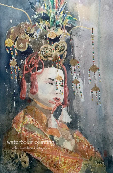 京都。祇園祭の真っ只中。長刀鉾生稚児。 #Watercolor #スケッチ #水彩画 #水彩画ワークショップ #京都の絵画教室  #淡彩略画  #透明水彩 #京都水彩画塾 #藤田わへい 