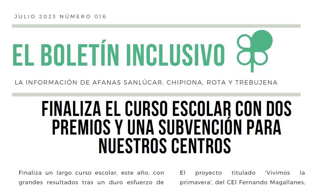 AfanasSCRT's tweet photo. 👉Ya puedes leer el #boletínInclusivo del mes de JULIO en nuestra web https://t.co/CNULsRU416 y estar al tanto de lo que acontece en #afanasSCRT 🍀 https://t.co/4mOdyMtCr8