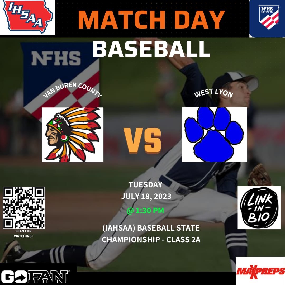IAHSAA SPORT (@iahsaa_sport) on Twitter photo 🏆2023 IHSAA BASEBALL-CLASS 2A
⚾VAN BUREN COUNTY🆚WEST LYON
📺Live Stream On: bit.ly/Livestreamhsba…
🗓Today, July 18
⏰1:30 PM
<a href="/county_van/">Van Buren County Athletics</a> <a href="/VanBurenCSD/">Van Buren CSD</a> <a href="/VBBoysBball/">VanBurenBoysBball</a> <a href="/WLAthDept/">West Lyon Athletics</a> <a href="/WLWildcatNation/">WildcatNation</a> <a href="/WL__baseball/">West Lyon Baseball</a> <a href="/Tatehawf/">Tate Hawf</a> <a href="/RyerCrichton/">Ryer Crichton</a> <a href="/WildCat_MatMen/">West Lyon Wrestling</a> <a href="/west_lyon_xc/">West Lyon CC</a> <a href="/kmckenney16/">Korey McKenney</a> 🏆2023 IHSAA BASEBALL-CLASS 2A
⚾VAN BUREN COUNTY🆚WEST LYON
📺Live Stream On: bit.ly/Livestreamhsba…
🗓Today, July 18
⏰1:30 PM
<a href="/county_van/">Van Buren County Athletics</a> <a href="/VanBurenCSD/">Van Buren CSD</a> <a href="/VBBoysBball/">VanBurenBoysBball</a> <a href="/WLAthDept/">West Lyon Athletics</a> <a href="/WLWildcatNation/">WildcatNation</a> <a href="/WL__baseball/">West Lyon Baseball</a> <a href="/Tatehawf/">Tate Hawf</a> <a href="/RyerCrichton/">Ryer Crichton</a> <a href="/WildCat_MatMen/">West Lyon Wrestling</a> <a href="/west_lyon_xc/">West Lyon CC</a> <a href="/kmckenney16/">Korey McKenney</a>