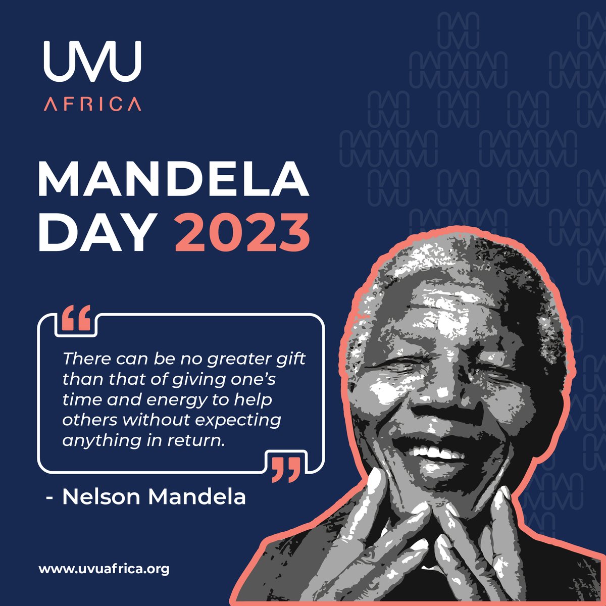 🌍 Join us in celebrating Mandela Day! 🌟 We're embracing the belief that everyone possesses the power to contribute to a brighter future for all.  
Let's come together to inspire greatness and uplift communities. 
#UVUAfricaGroup #ItIsInYourHands #MandelaDay2023 <a href="/NelsonMandela/">NelsonMandela</a>