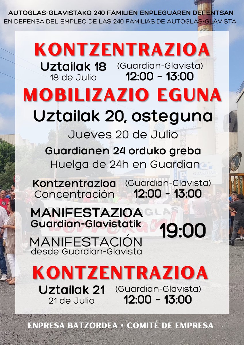 ELAIbaizNerbioi's tweet photo. 📢 #Autoglas/Glavistako eta #Guardian|eko enpresa komiteek mobilizazioak deitu dituzte lanpostuak eta enpresen bideragarritasuna defendatzeko💪🏽
🗓️Uztailaren 20an, #mobilizazioak
✊🏽Guardianeko langileak 24 orduko #greba egingo dute
📲 https://t.co/HHntBt5G0v https://t.co/n7xhiFZyLh