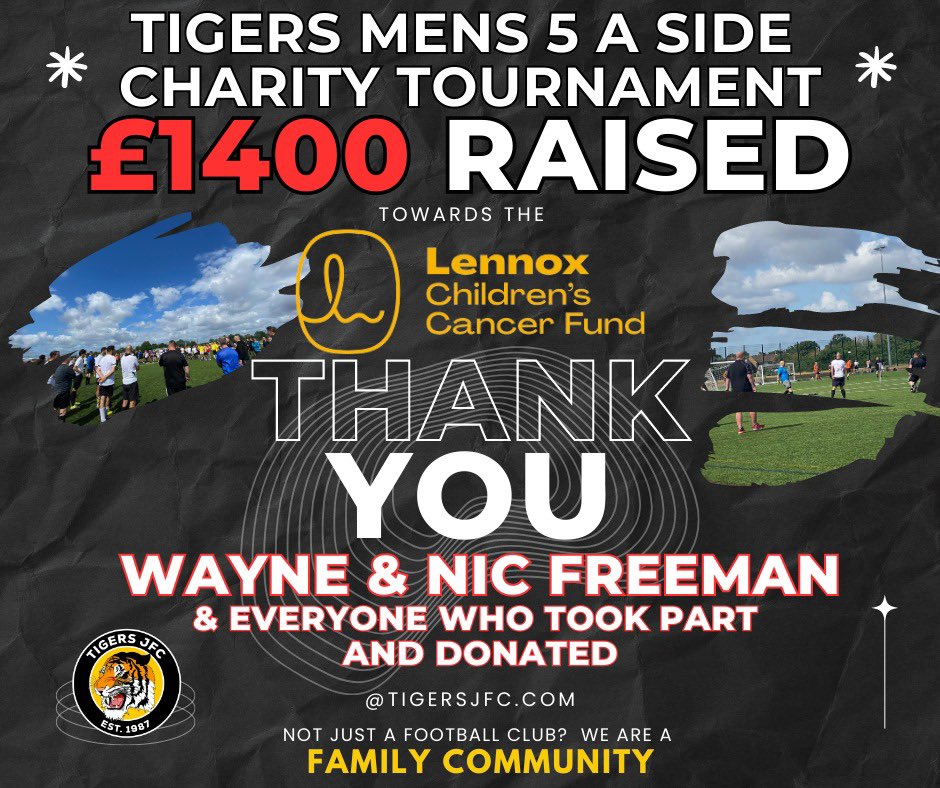 TigersJFC's tweet photo. Massive congratulations to Wayne @ &amp; Nicola Freeman who hosted a fantastic Tigers Men’s Charity Tournament on Sunday which raised a massive £1400 for the @LennoxCCF A great day with the winners Tigers Girls U12’s Red Parents being crowned “Champions” #Tigersfamily #COYTigers https://t.co/Q114cH2Xn6