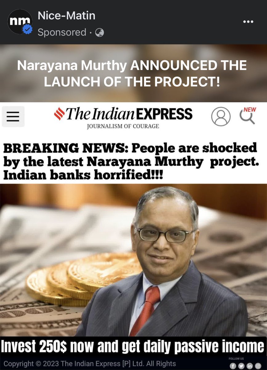 nanduhari's tweet photo. Bitcoin scammers are using images of Infosys founders to promote their scams. 

Surprisingly they are using Facebook ads to promote this. 

@NandanNilekani https://t.co/rOo1lQHfJ9