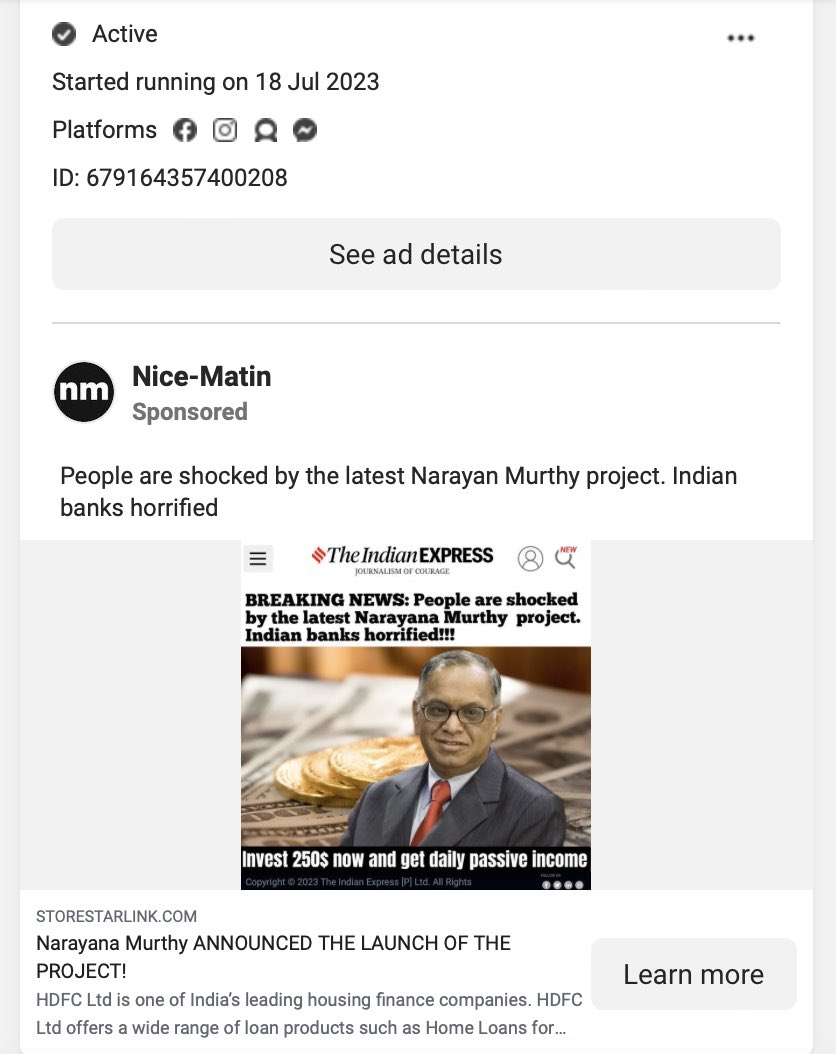 nanduhari's tweet photo. Bitcoin scammers are using images of Infosys founders to promote their scams. 

Surprisingly they are using Facebook ads to promote this. 

@NandanNilekani https://t.co/rOo1lQHfJ9