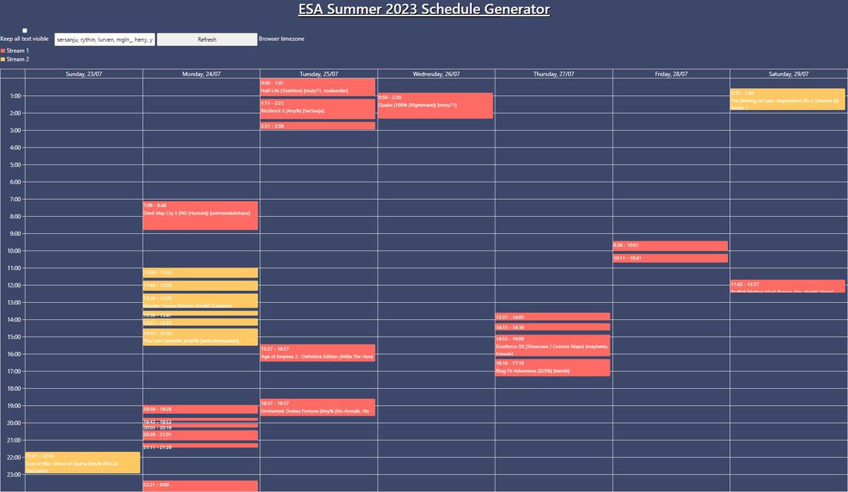 iKainalo's tweet image. I made a neat tool for #ESASummer23 for communities attending or just viewers. Add runner names to the textbox, click refresh and it will create a schedule with only runs by those specified. Helps with organising activities around runs for those attending

hekathon.com/scheduletool