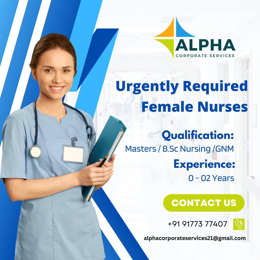 Urgently Required Female Nurses.....
Qualification: Masters / B.Sc Nursing /GNM.
Experience:0 - 02 Years
Contact Us: +91 91773 77407, alphacorporateservices21@gmail.com
#nursejobs #jobsfornurses #PlacementOpportunities #jobsinhyderabad #jobsintelangana