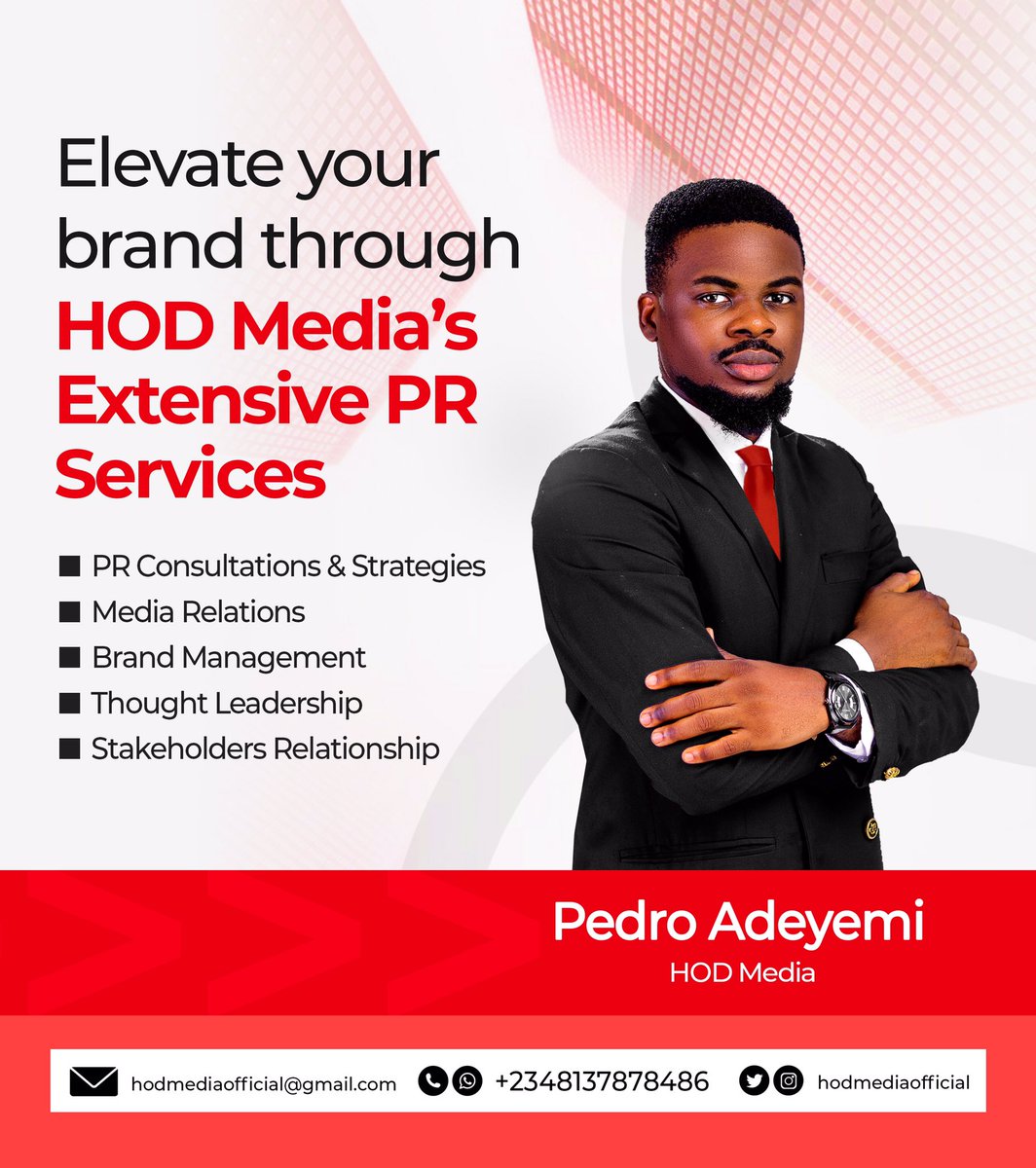 Take your brand to the next level with our PR consultation and strategy services. Let us help you unlock the full potential of your brand and take your business to the next level.

#pedroadeyemi #hodmediaofficial #branding #hoddesignz #branding #mediaconsultant #brandconsultant