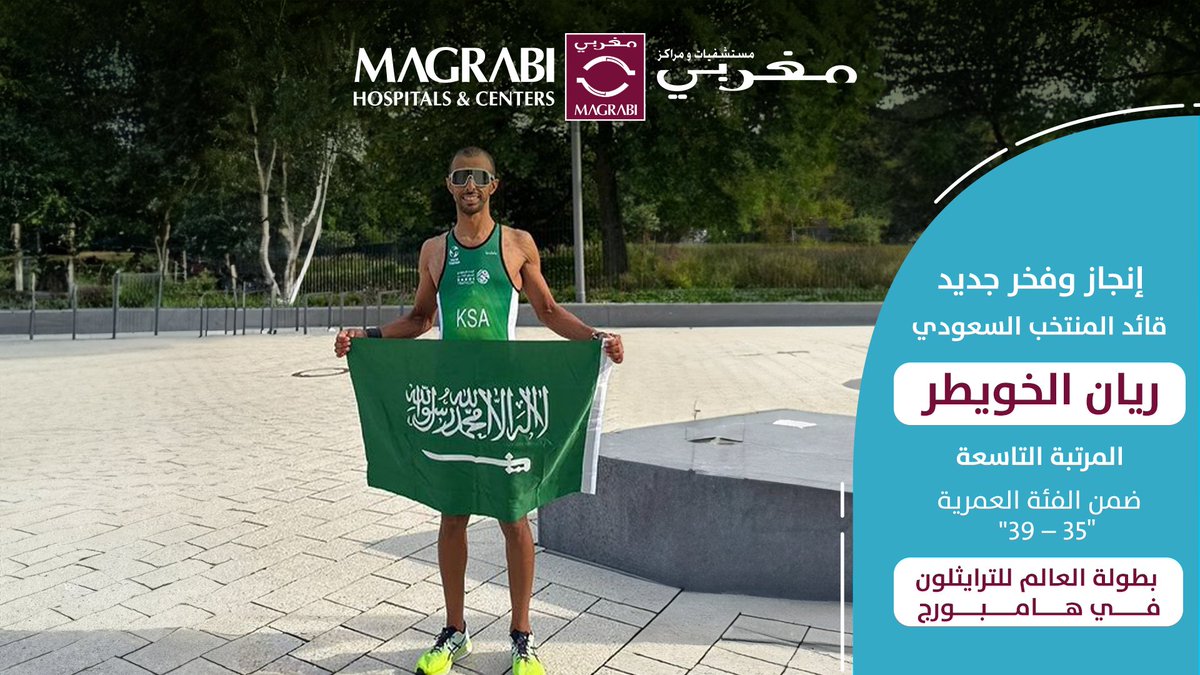 مبارك لبطلنا ريان الخويطر قائد المنتخب السعودي إحرازه المركز التاسع في منافسات الفئة العمرية من 35 إلى 39 عامًا في بطولة العالم للترايثلون والمقامة في هامبورغ، ونتمنى لمنتخبنا المزيد من النجاح .
مستشفيات ومراكز مغربي راعي الاتحاد السعودي للترايثلون.
<a href="/TriathlonKSA/">ترايثلون السعودية | Saudi Triathlon</a>