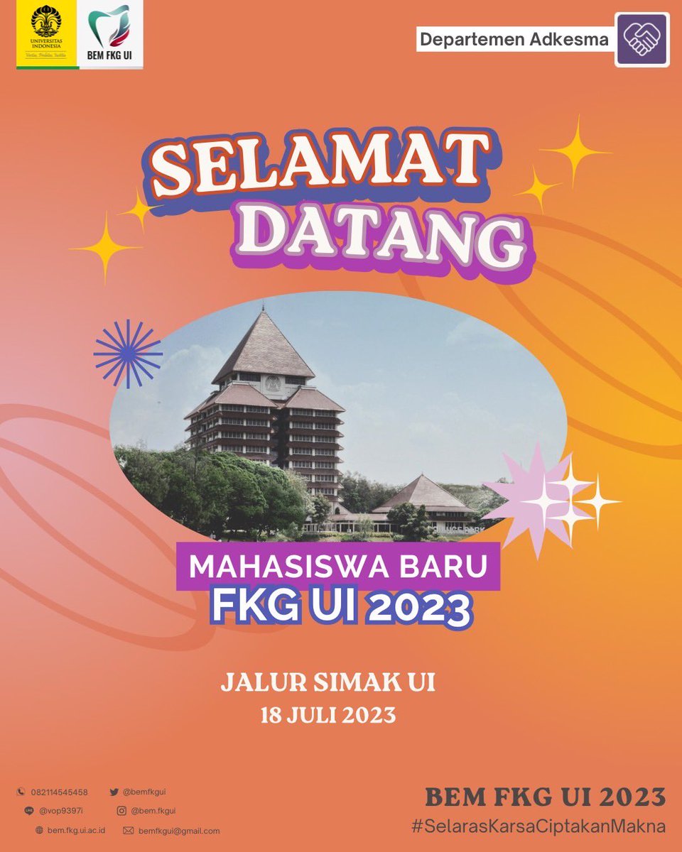 BEMFKGUI's tweet image. [Selamat Datang FKG UI 2023!]

Halo, Mahasiswa Baru FKG UI 2023! 👋

Selamat datang di Universitas Indonesia dan menjadi bagian dari civitas FKG UI, mahasiswa/i FKG UI 2023 Jalur SIMAK UI!

Harap untuk mengikuti akun-akun di bawah ini untuk informasi lebih lanjut: